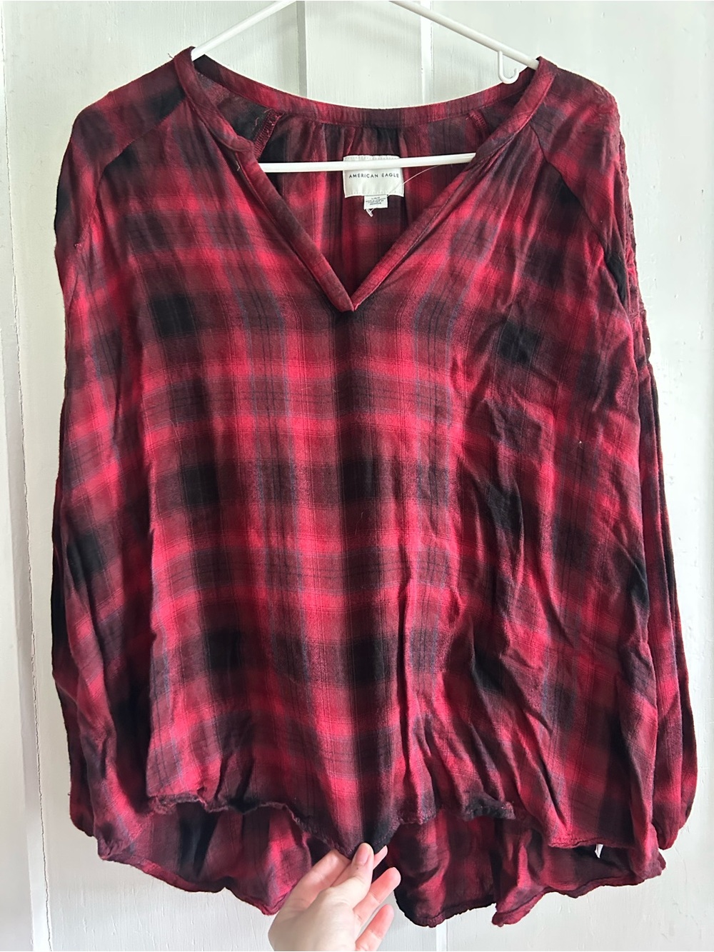 American Eagle Outfitters Red and Black Plaid V-Neck Blouse